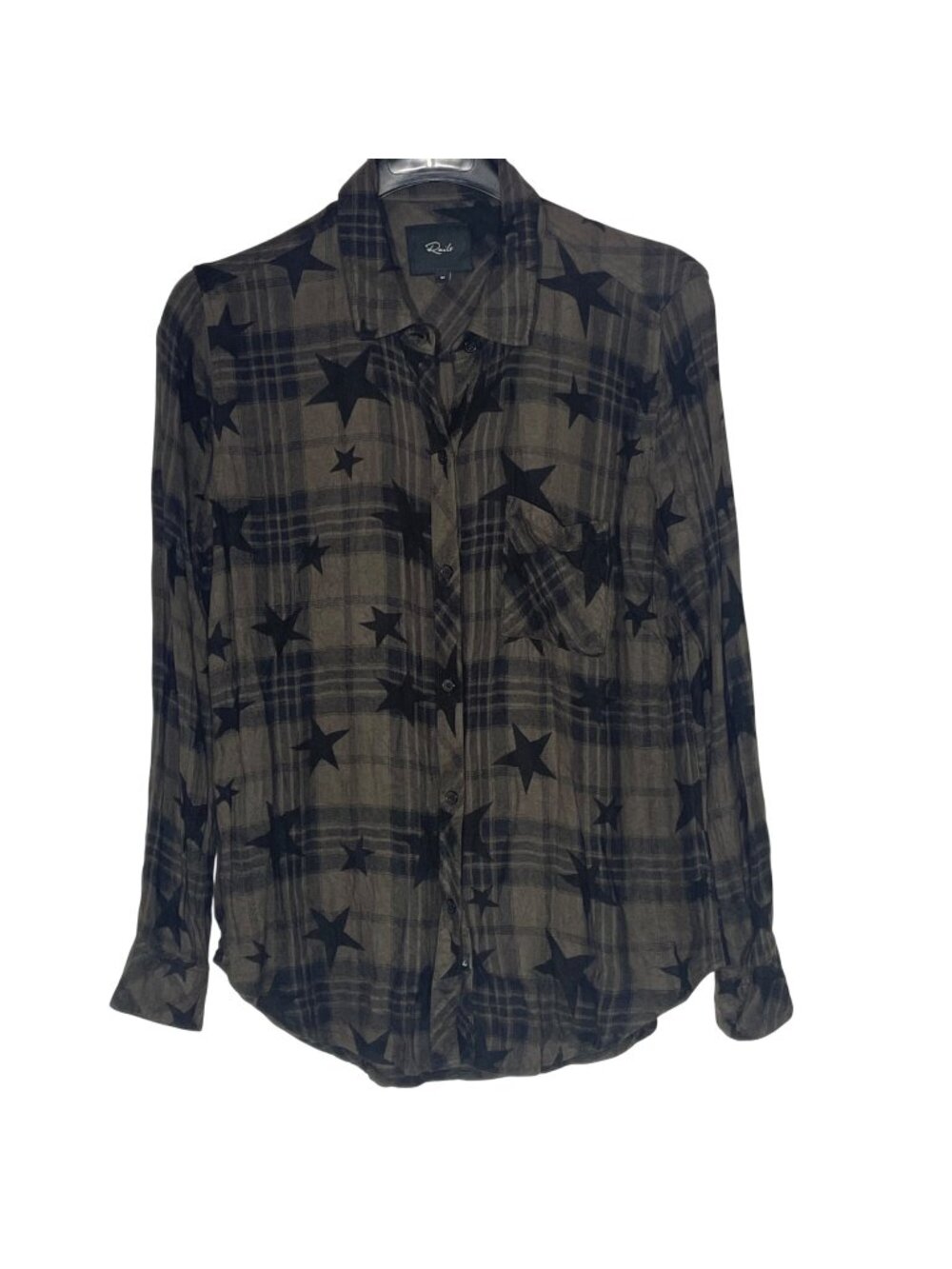 Rails Hunter Olive Jet Starts Plaid Button Down Top Sz MED Rayon Grunge